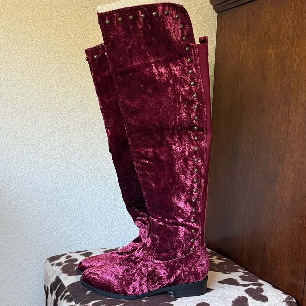 Very Volatile Velvet Over-the-Knee Boots with Studded Detail